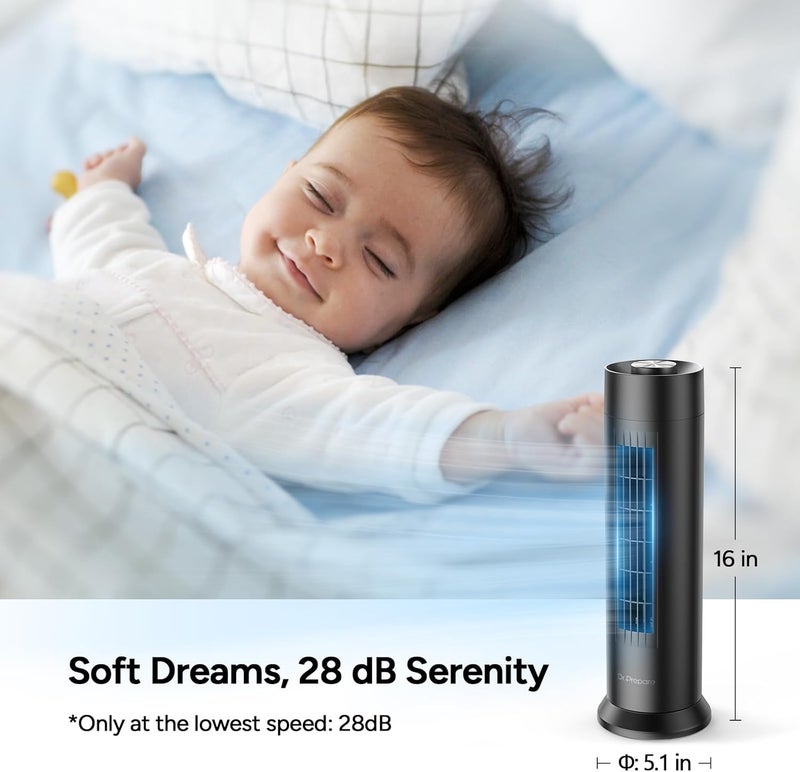 Dr. Prepare Tower Fan, 28 dB Quiet Desk Fan, 3‑Speeds, 80° Oscillation, Detachable Washable Bladeless Design, 16 Inch Portable Table Fan for Room, Home, Office,Black - Image 3